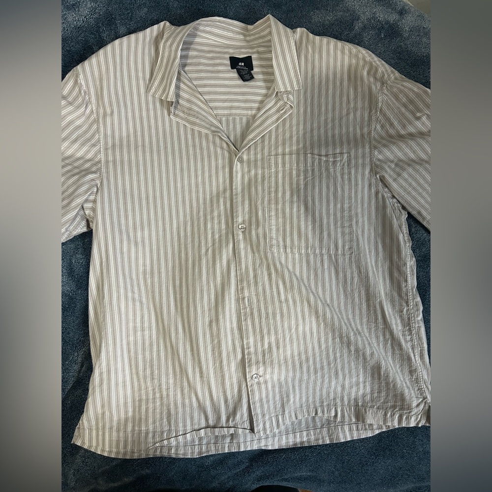 H&M Men's Casual Striped Button Down Shirt - White and Gray